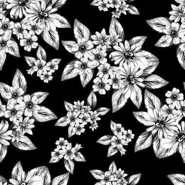 Sorunsuz vintage tarzı çiçek deseni. Siyah ve beyaz çiçek öğeleri.
