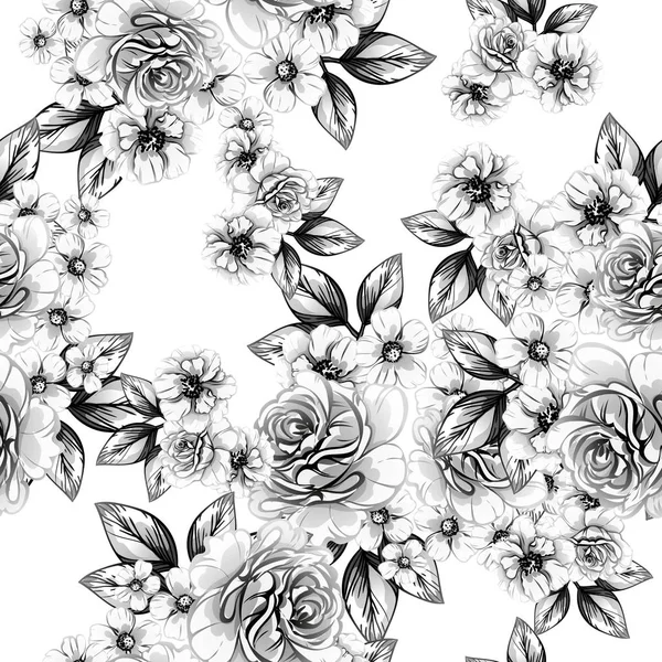 Patrón Flores Estilo Vintage Sin Costuras Elementos Florales Blanco Negro — Vector de stock