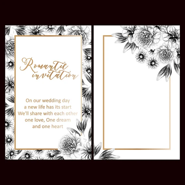 古色古香的花式婚礼卡片 白纸黑字摆放 植物要素和框架 — 图库矢量图片