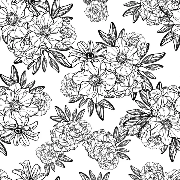 Patrón Flores Estilo Vintage Sin Costuras Elementos Florales Blanco Negro — Vector de stock