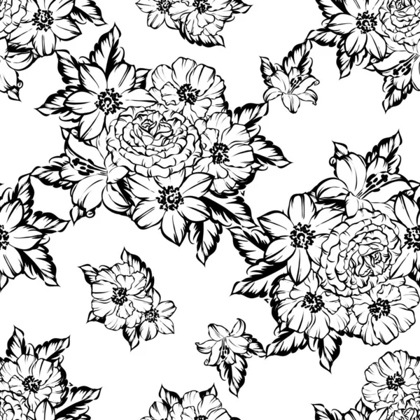 Modèle Fleur Style Vintage Sans Couture Eléments Floraux Noir Blanc — Image vectorielle