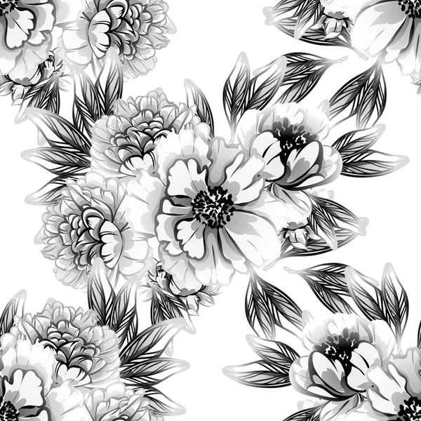 Patrón Flores Estilo Vintage Sin Costuras Elementos Florales Blanco Negro — Vector de stock