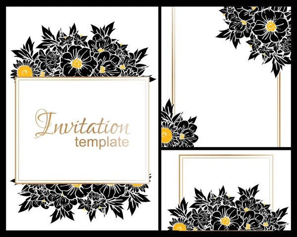 Cartes Mariage Fleurs Style Vintage Noir Blanc Eléments Floraux Cadres — Image vectorielle