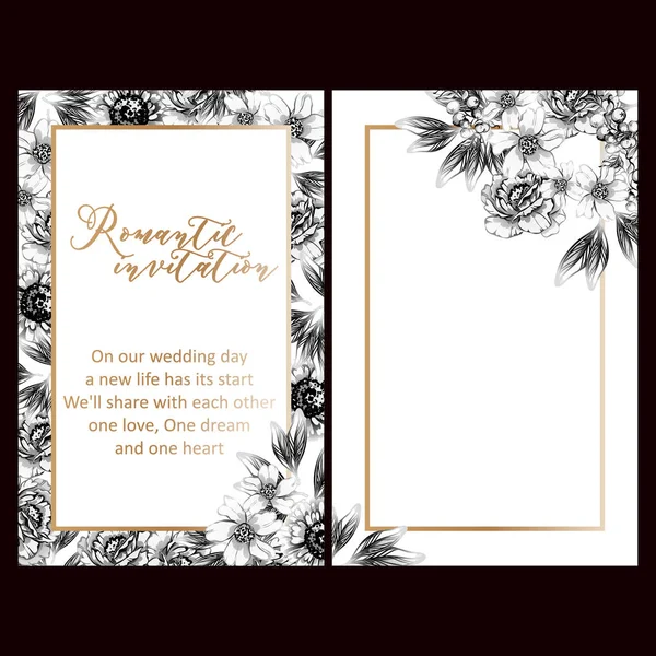 Cartes Mariage Fleurs Style Vintage Noir Blanc Eléments Floraux Cadres — Image vectorielle