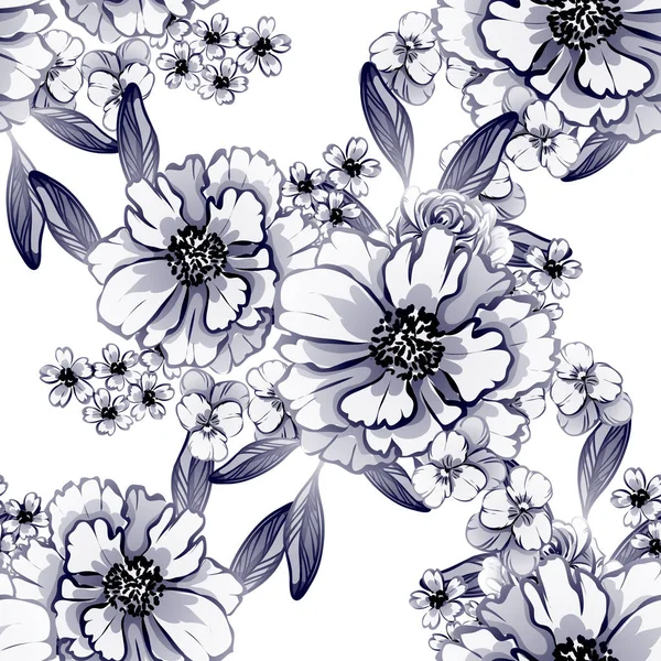 Nahtloser Vintage Stil Mit Einfarbigem Blumenmuster Blütenelemente — Stockvektor