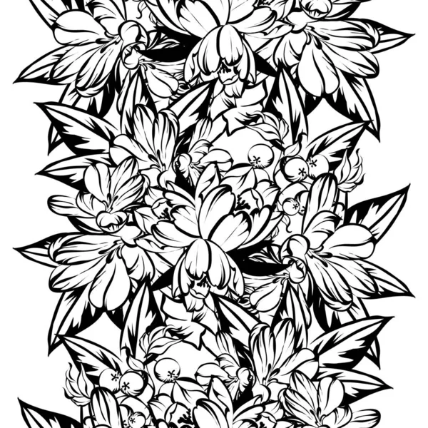 シームレスなビンテージ スタイルの花柄 黒と白の花の要素 — ストックベクタ