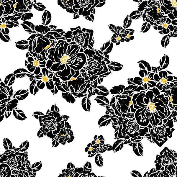 Modèle Fleur Style Vintage Sans Couture Eléments Floraux Noir Blanc — Image vectorielle