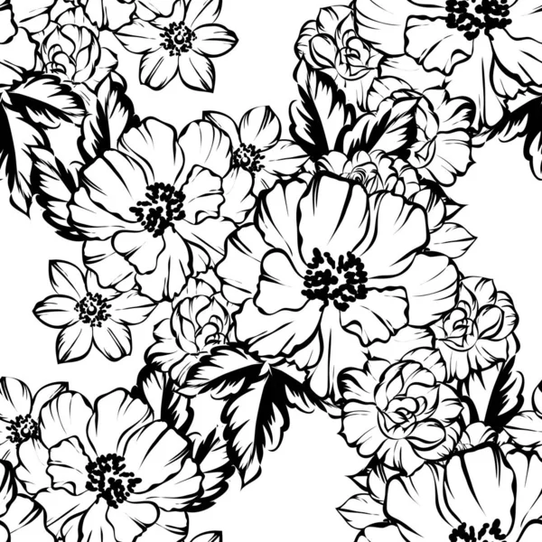 Patrón Flores Estilo Vintage Sin Costuras Elementos Florales Blanco Negro — Archivo Imágenes Vectoriales