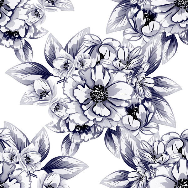 Seamless vintage style monochrome colored flower pattern. Floral elements.