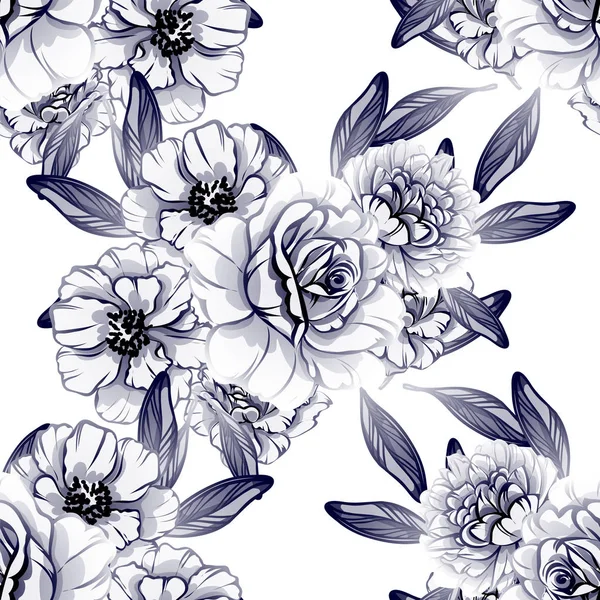 Modèle Fleur Monochrome Sans Couture Style Vintage Éléments Floraux — Image vectorielle