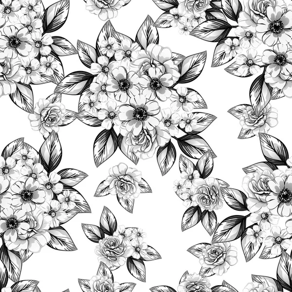 Patrón Flores Estilo Vintage Sin Costuras Elementos Florales Blanco Negro — Vector de stock