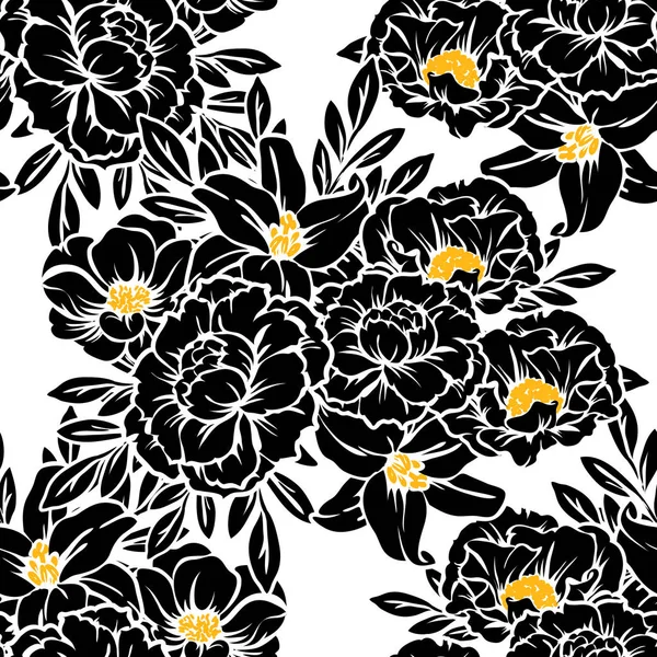 Modèle Fleur Style Vintage Sans Couture Eléments Floraux Noir Blanc — Image vectorielle