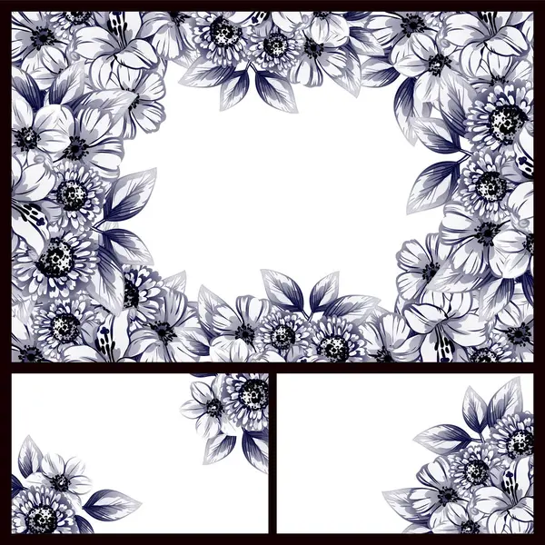 Set Carte Sposa Stile Vintage Elementi Cornici Floreali Monocromatici Colorati — Vettoriale Stock