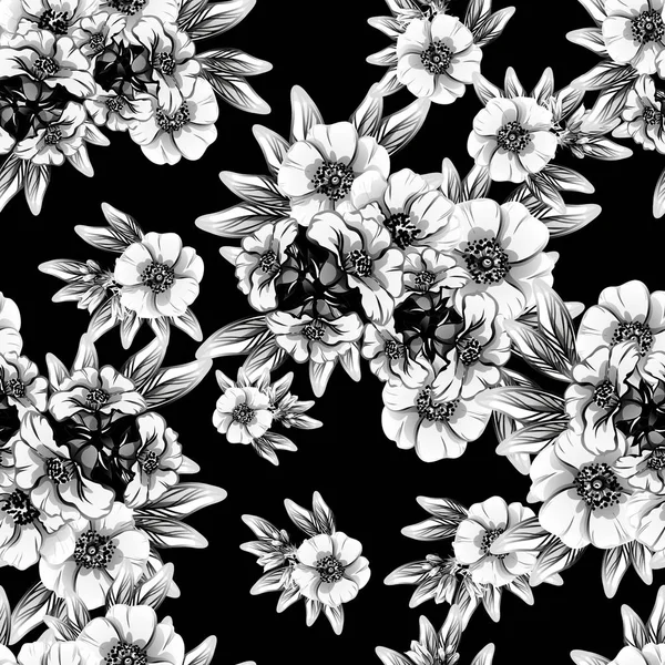 Padrão Flor Estilo Vintage Sem Costura Elementos Florais Preto Branco — Vetor de Stock