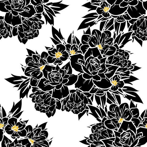 Modèle Fleur Style Vintage Sans Couture Eléments Floraux Noir Blanc — Image vectorielle