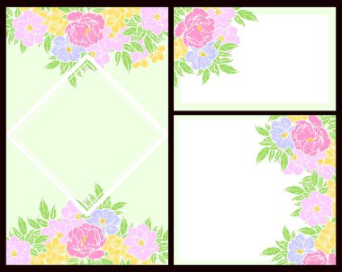 Klasik çiçek düğün kartları seti. Çiçek elementleri ve çerçeveleri.