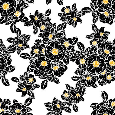 Sorunsuz vintage tarzı çiçek deseni. Siyah ve beyaz çiçek öğeleri.