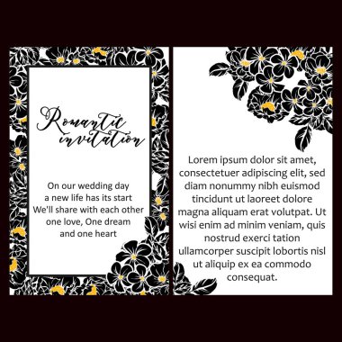 Siyah-beyaz klasik çiçek düğün kartları. Çiçek elementleri ve çerçeveleri.