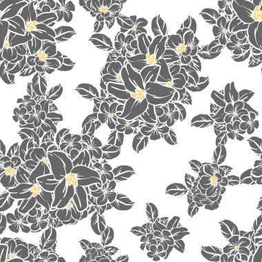 Sorunsuz vintage tarzı çiçek deseni. Siyah ve beyaz çiçek öğeleri.