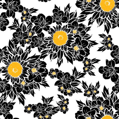 Sorunsuz vintage tarzı çiçek deseni. Siyah ve beyaz çiçek öğeleri.