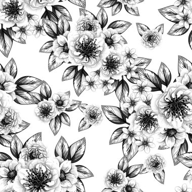 Sorunsuz vintage tarzı çiçek deseni. Siyah ve beyaz çiçek öğeleri.