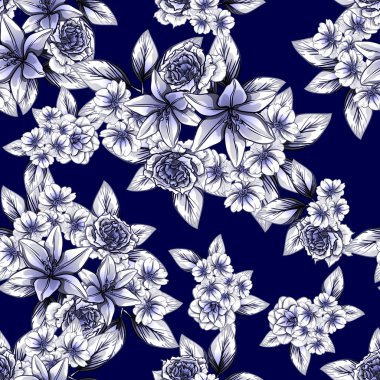 Sorunsuz vintage tarzı tek renkli renkli çiçek deseni. Çiçek öğeleri.