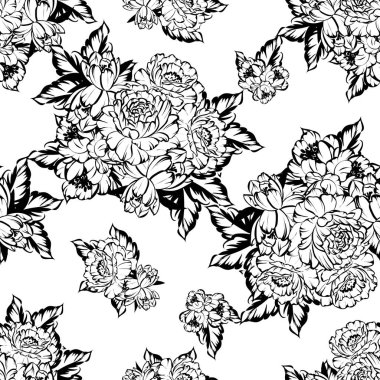 Sorunsuz vintage tarzı çiçek deseni. Siyah ve beyaz çiçek öğeleri.