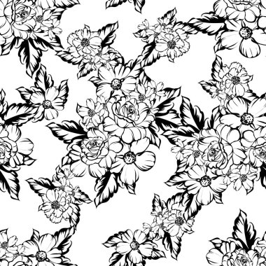 Sorunsuz vintage tarzı çiçek deseni. Siyah ve beyaz çiçek öğeleri.