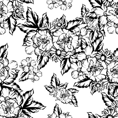 Sorunsuz vintage tarzı çiçek deseni. Siyah ve beyaz çiçek öğeleri.