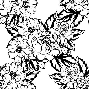 Sorunsuz vintage tarzı çiçek deseni. Siyah ve beyaz çiçek öğeleri.