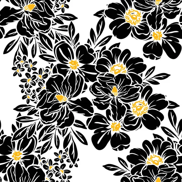 Padrão Flor Estilo Vintage Sem Costura Elementos Florais Preto Branco — Vetor de Stock