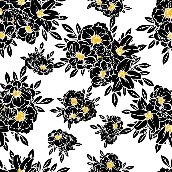 Seamless Vintage Style Flower Pattern Floral Elements Black White — Stock Vector