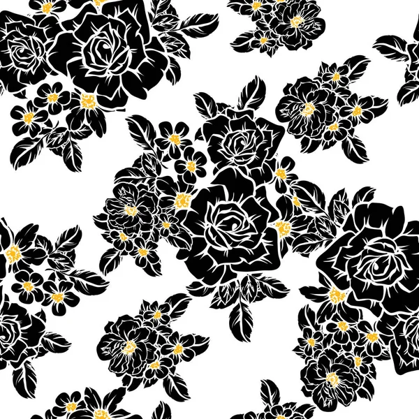 Seamless Vintage Style Flower Pattern Floral Elements Black White — Stock Vector