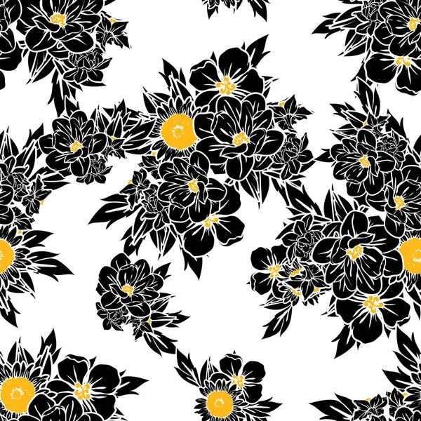 Padrão Flor Estilo Vintage Sem Costura Elementos Florais Preto Branco — Vetor de Stock