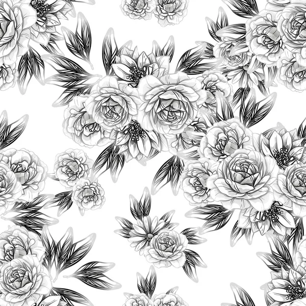 Naadloze Vintage Stijl Bloemenpatroon Floral Elementen Zwart Wit — Stockvector