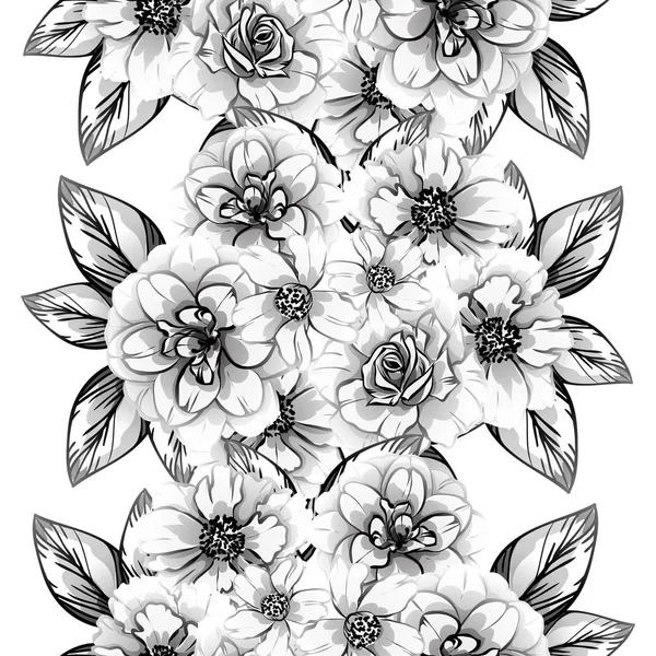 Modèle Fleur Style Vintage Sans Couture Eléments Floraux Noir Blanc — Image vectorielle