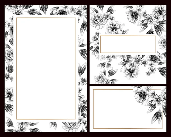 Tarjetas Boda Estilo Vintage Flores Blanco Negro Elementos Marcos Florales — Vector de stock