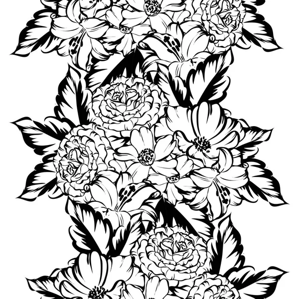 Patrón Flores Estilo Vintage Sin Costuras Elementos Florales Blanco Negro — Vector de stock