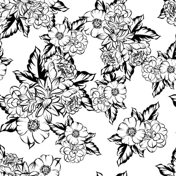 Patrón Flores Estilo Vintage Sin Costuras Elementos Florales Blanco Negro — Vector de stock