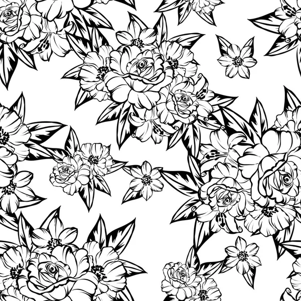 Modèle Fleur Style Vintage Sans Couture Eléments Floraux Noir Blanc — Image vectorielle