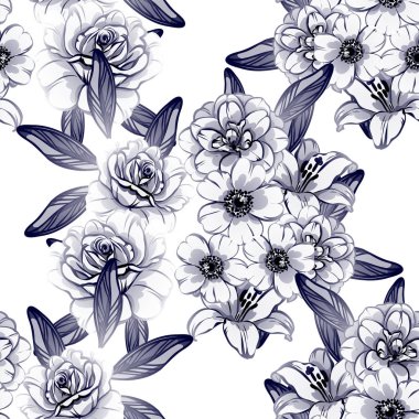 Sorunsuz vintage tarzı tek renkli renkli çiçek deseni. Çiçek öğeleri.