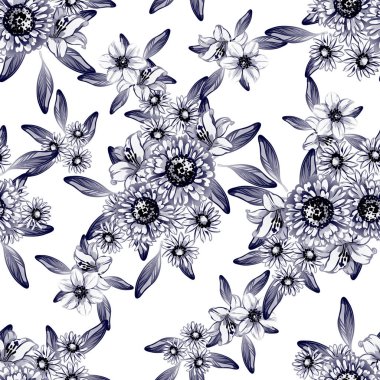 Sorunsuz vintage tarzı tek renkli renkli çiçek deseni. Çiçek öğeleri.