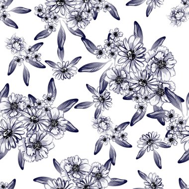 Sorunsuz vintage tarzı tek renkli renkli çiçek deseni. Çiçek öğeleri.