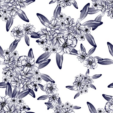 Sorunsuz vintage tarzı tek renkli renkli çiçek deseni. Çiçek öğeleri.