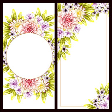 Klasik çiçek düğün kartları seti. Çiçek elementleri ve çerçeveleri.