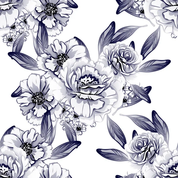 Estilo Vintage Inconsútil Patrón Flores Color Monocromo Elementos Florales — Vector de stock