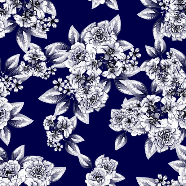 Modèle Fleur Monochrome Sans Couture Style Vintage Éléments Floraux — Image vectorielle