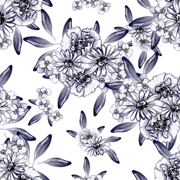 シームレスなビンテージ スタイルの白黒色の花のパターン 花の要素 — ストックベクタ