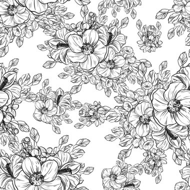 Sorunsuz vintage tarzı çiçek deseni. Siyah ve beyaz çiçek öğeleri.