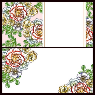 Klasik çiçek düğün kartları seti. Çiçek elementleri ve çerçeveleri.